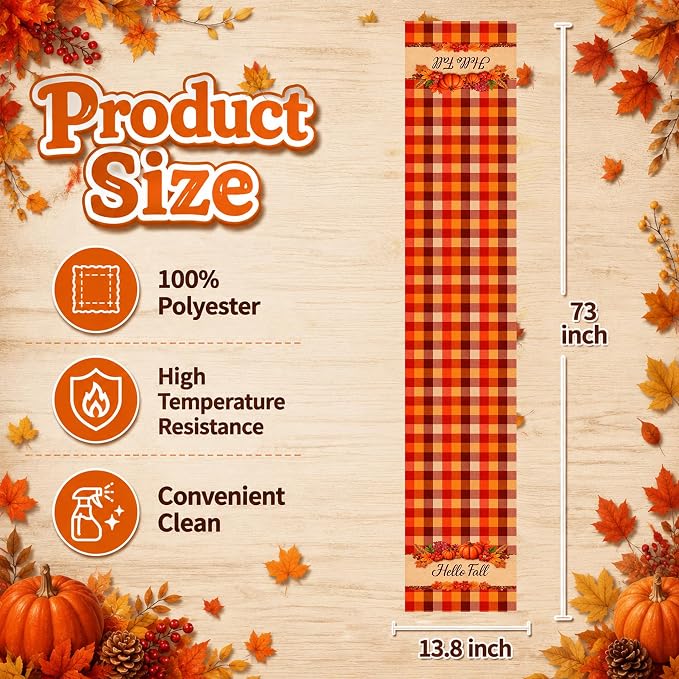 Fall Decor - Hello Fall Pumpkin Plaid Table Runner - Image 3