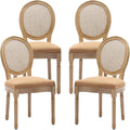 Vintage French Rattan Dining Chairs Set of 4, Round Back Accent Chairs with Rattan Backrest and Upholstered Linen Seat, Solid Wood Frame Sillas de Comedor for Dining Room & Kitchen, Camel