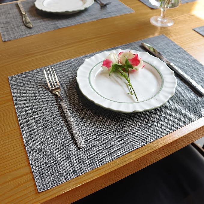 Placemats Set of 4,Heat Resistant Non-Slip Table Mats,Place mats for Dining Table,Washable Durable PVC Vinyl Woven Placemat（Dark Gray）