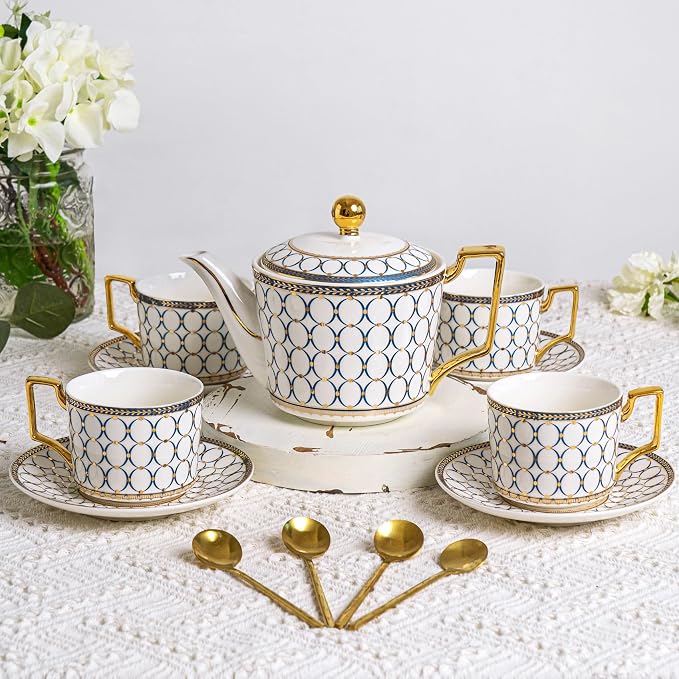 7 Oz Bone China Blue Tea Cup and Saucer Service by HappleCwlwgoHome