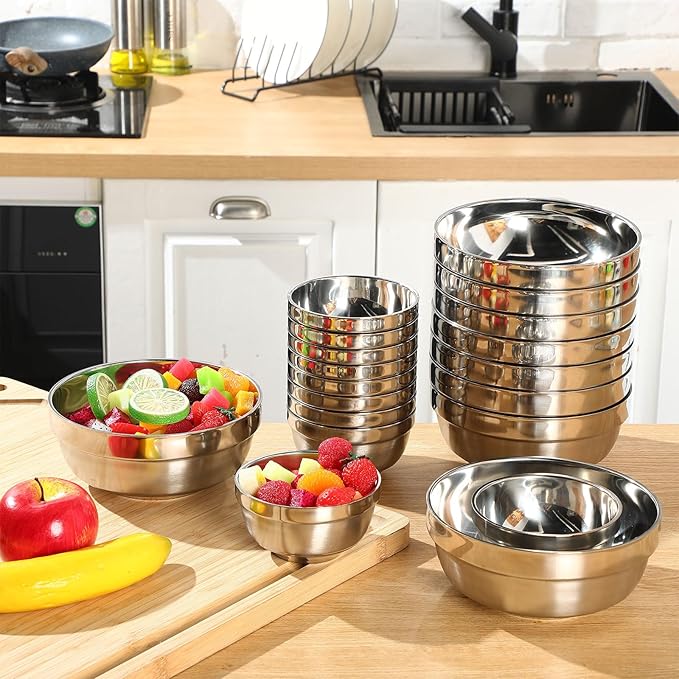 Mimorou 20 Pack 304 Stainless Steel Bowls Set 13 oz 34 oz Metal Double Walled Insulated Snack Mixing Lightweight Multipurpose Toddler Dinner Bowls for Ice Cream, Cereal, Snack