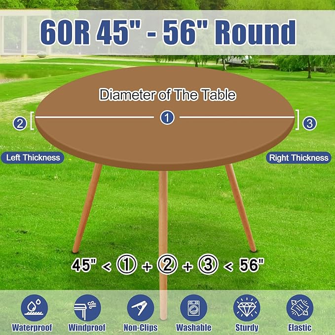 Round Spandex Tablecloth, Elastic Fitted Waterproof Tablecloths for 45"-56" Tables, Stretch Washable Picnic Table Cover for Camping, Dining, Indoor and Outdoor,Brown