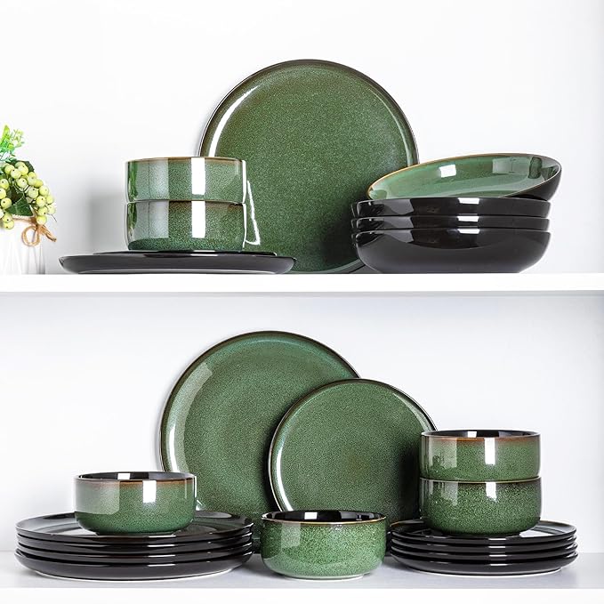 LERATIO Ceramic Dinnerware Set for 4, Poreclain Plates, Bowls, Handmade Reactive Glaze Dishes, Chip Resistant, Oven & Dishwasher Safe, Service for 4