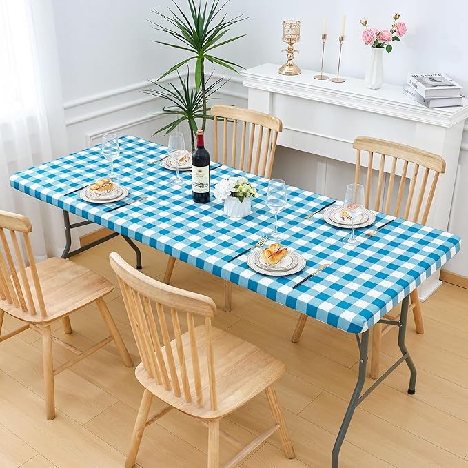 Smiry Rectangle Picnic Table Cloth, Elastic Waterproof Fitted Vinyl Tablecloths, Flannel Backed Buffalo Plaid Table Covers for Dining, Camping, Outdoor (White and Turquoise, 30" x 96")