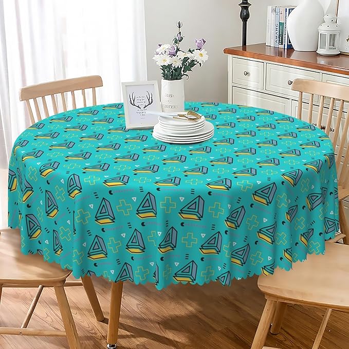 Laeacco 70 Inch Geometric Round Tablecloth Turquoise Triangle Pattern Modern Abstract Art Print Table Cloth Washable Waterproof Wrinkle Free Table Cover for Kitchen Dining Picnic Party Decoration
