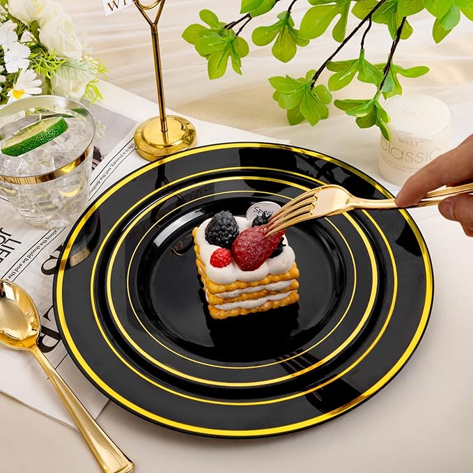 bUCLA 300PCS Black and Gold Disposable Dinnerware Set - 50 Guests Black Plastic Plates with Gold Rim Include 50 Dinner / 50 Dessert Plates, 50 Forks,50 Knives,50 Spoons&50 Cups for Party&New Year