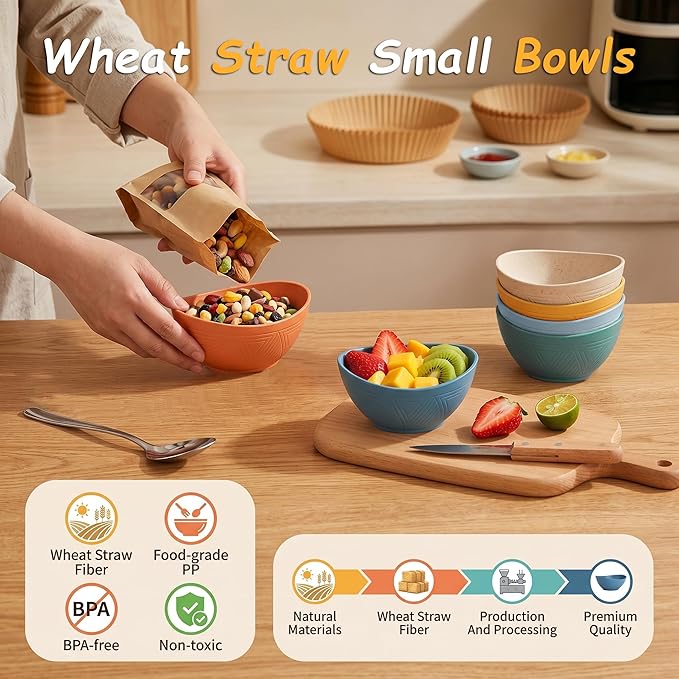 10oz Wheat Straw Bowls Set of 6, Unbreakable Small Plastic Bowls Reusable - Image 3