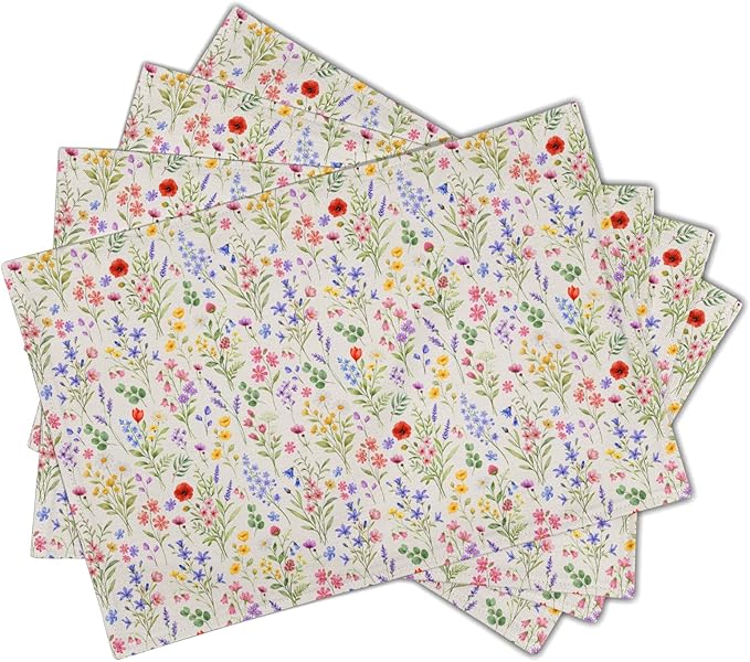 Spring Summer Placemats - Floral Place Mats Set of 4 Eucalyptus Leaves Lavender Poppy Flower Table Mats 12x18 for Party Kitchen Farmhouse