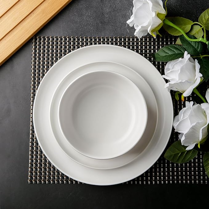 AmorArc Ceramic Dinnerware Sets, Wavy Rim Stoneware Plates and Bowls Sets,Dishwasher & Microwave & Oven Safe Dishes set, Service for 8 (24pc)-Matte White