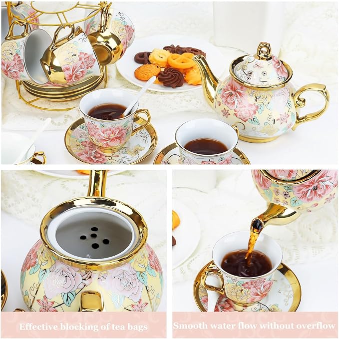 20 Pcs Porcelain Tea Set with Metal Holder, European Ceramic Tea Set - Image 5