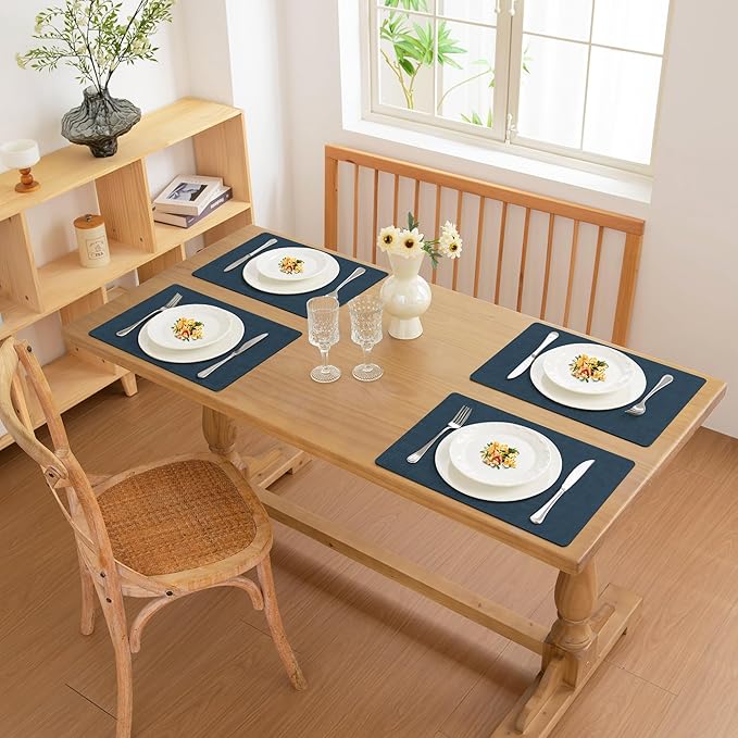 FROMHEART Faux Leather Placemats Set of 6–Waterproof,Heat/Oil Stain-Resistant PU Table Mat–Reversible,Non-Slip,Easy to Clean Place Mats for Kitchen,Dining,Indoor/Outdoor,(Dark Blue,11.8" x 17")