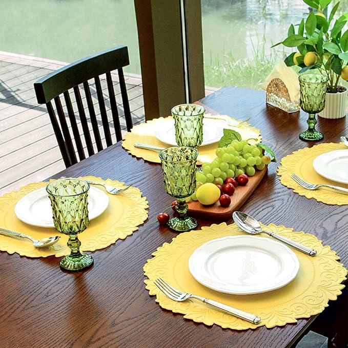 Noctiflorous Round Faux Leather 15 Inch Placemats Set of 6 Waterproof Wipeable Heat Resistant Tablemat for Dining Table Kitchen Non Slip Washable Oilproof Table Place Mat(Mango Yellow, 6)