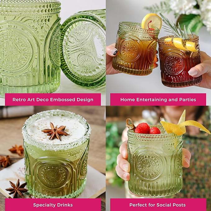 Kate Aspen Retro Arch Floral Green Drinking Glasses Set of 6-10 oz Vintage - Image 5
