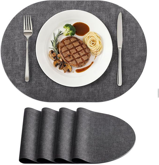 Placemats Set of 4, 11.8 x 17 Inch, Dark Grey | Heat Resistant Oval Faux by homing