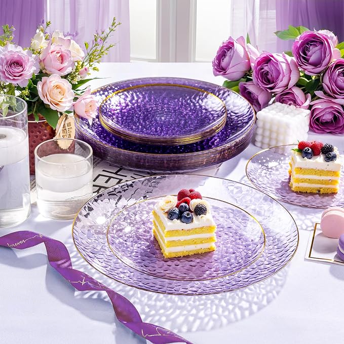 Rubtlamp 100Pcs Purple Gold Plastic Plates, Hammered Plastic plates Include 50 - Image 5