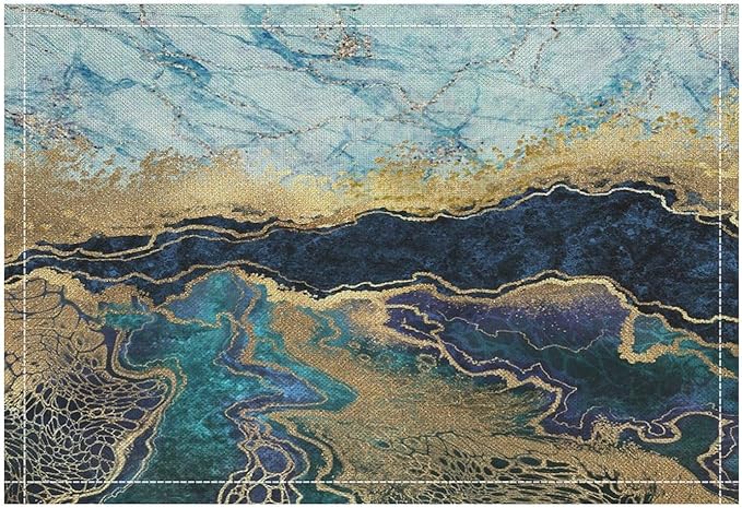 Marble Linen Placemats Set of 4, Modern Luxury Foil Cracked Texture Blue Gold Marble Washable Cloth Place Mats, Non-Slip Dining Table Placemats for Home Kitchen Party Banquets Decor 12x17 Inch