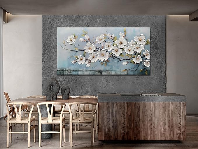 Anolyfi White Textured Flowers Wall Art for Living Room Canvas Wall Decor, Modern Elegant Landscape Wall Art for Dining Room Hallway Office Home 58"x29"