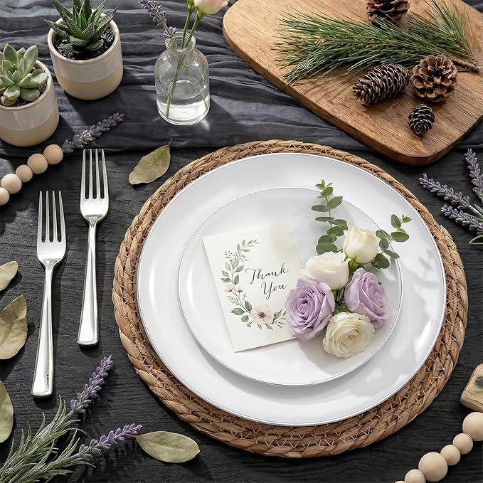 KIRE 100PCS Silver Plastic Plates - Heavy Duty White Disposable Plates with Silver Rim for Party/Wedding - Include 50Pcs 10.25inch Dinner Plates and 50Pcs 7.5inch Dessert Plates for Christmas