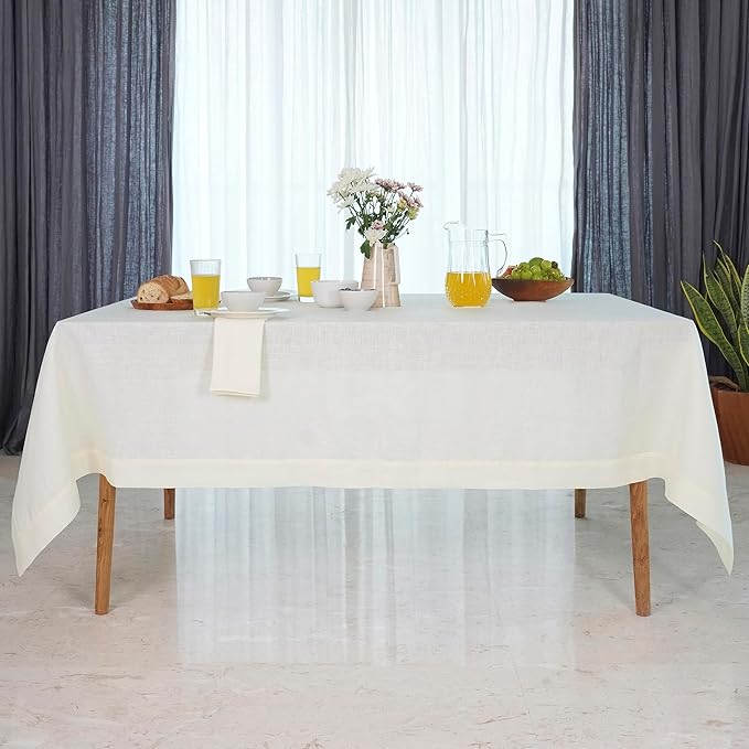 D'Moksha Homes Linen Ivory Tablecloth 60 x 90 Inch - 100% Pure Linen Rectangular Tablecloth - Machine Washable Table Cloth for Valentines, Spring, Easter
