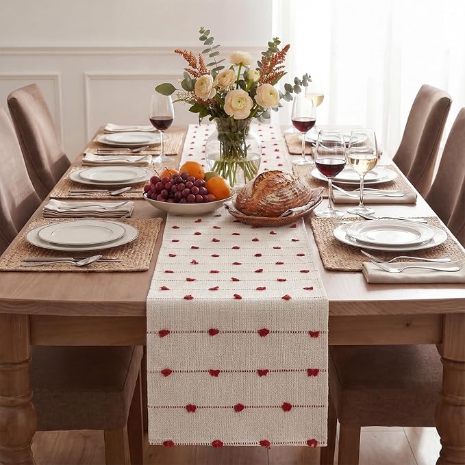 Artoid Mode Red Boho Farmhouse Cotton Woven Table Runner, Seasonal Christmas - Image 2