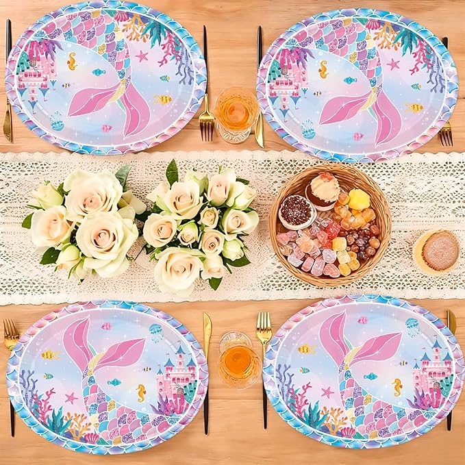 50Pcs Mermaid Birthday Oval Paper Plates 10" x 12" Large Disposable Heavy Duty Iridescence Paper Platters Mermaid Themed Dessert Plates for Under the Sea Themed Birthday Party Supplies