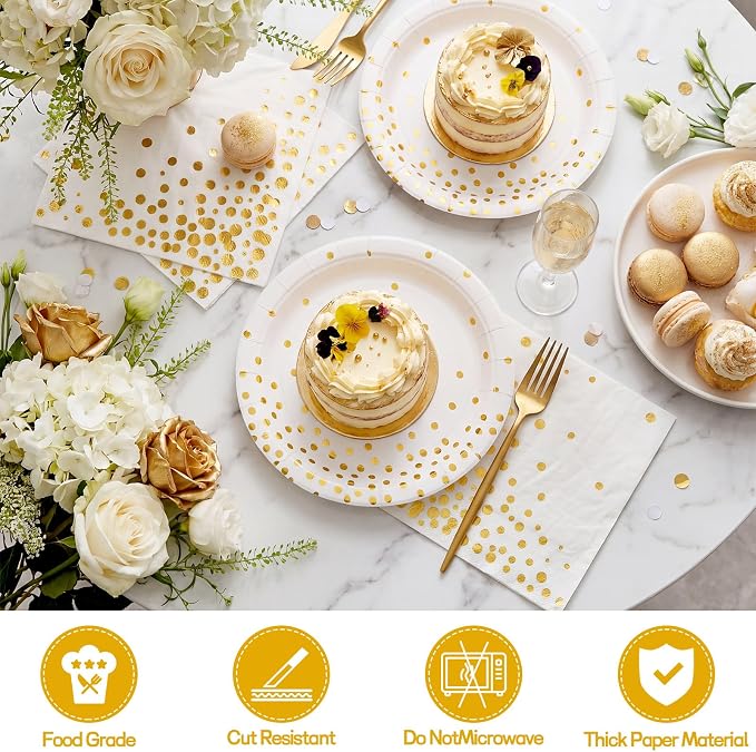 NatNarr 25 Set White Gold Plates and Napkins Set, 6.5" Napkins, Party Plates - Image 8