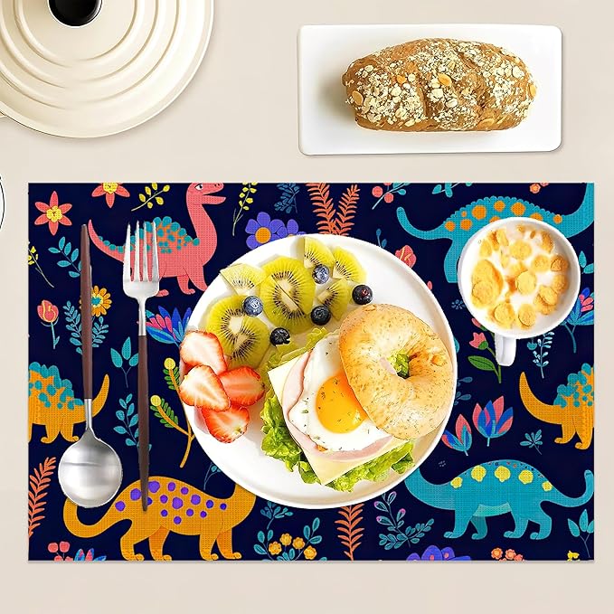 Dinosaurs Placemats Set of 6,12x18 Inch Table Mats for Colorful Dinosaurs Kitchen Table Washable Farmhouse Linen Table Mats Dining Decoration