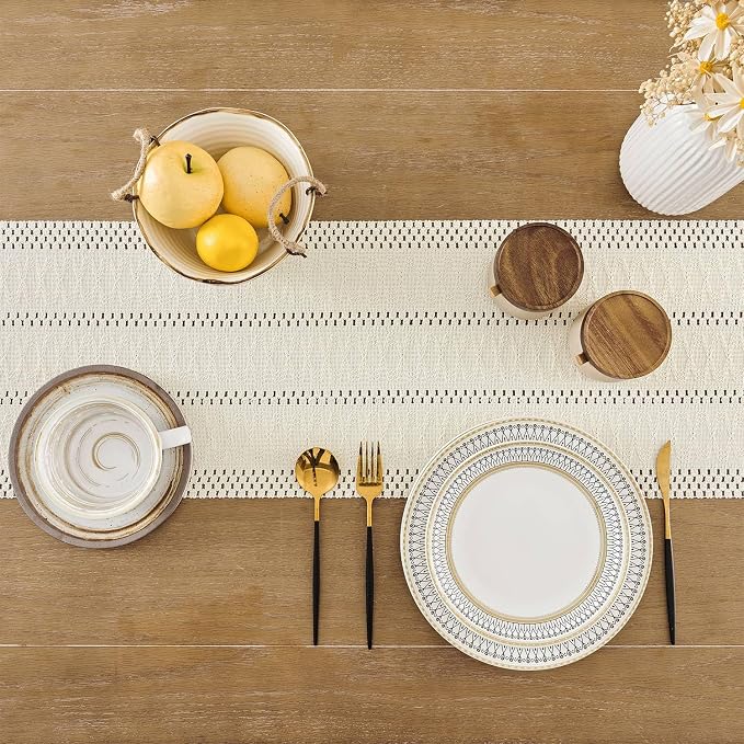 Macrame Style Boho Table Runner, 12x90 Inch Ivory | Woven Boho Table Runner - Image 4