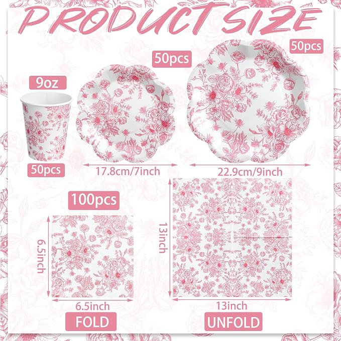 250 Pcs Pink Floral Disposable Paper Plate Napkins | Disposable Paper Set - Image 2