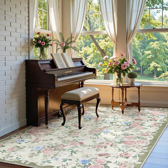Lahome Vintage Floral Area Rugs 8x10,Large Rugs for Living Room Boho Area Rug Machine Washable, Low Pile Bedroom Rugs 8x10 Carpet for Office Rug Playroom Dining Room（Cream/Green）