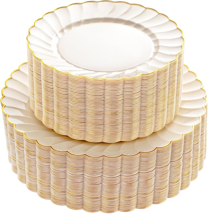 YOUBET 100PCS Ivory and Gold Scalloped Plastic Plates by YOUBET