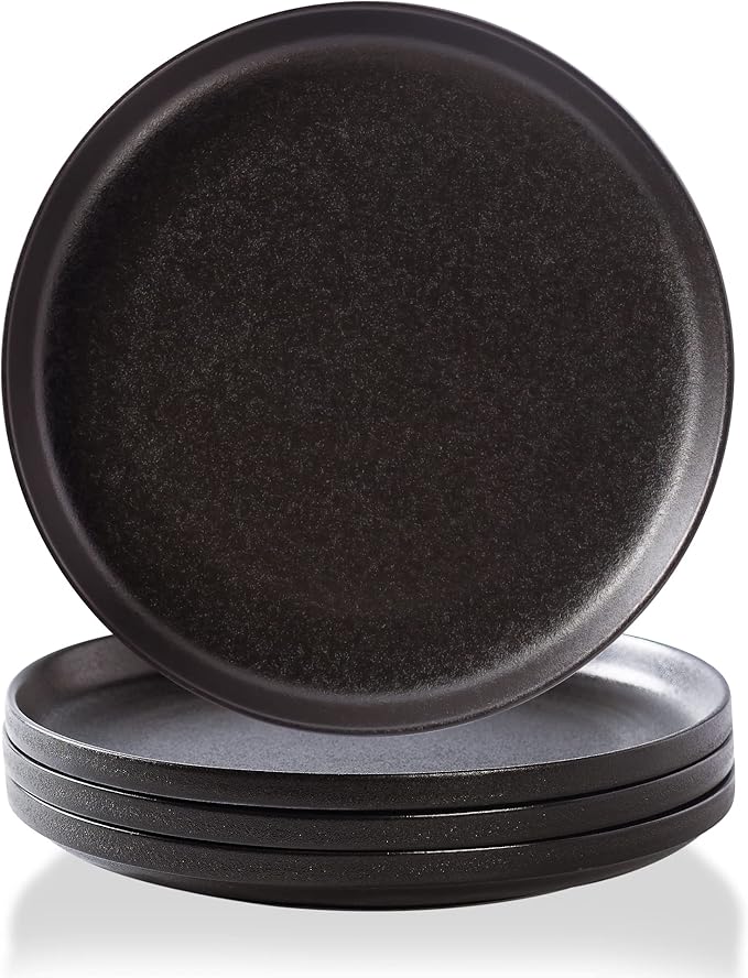 Ceramic Flat Plates Set of 4-8 in - The Dessert, Salad, Appetizer, Small Lunch, etc Plate. Microwave, Oven, and Dishwasher Safe, Scratch Resistant. Kitchen Porcelain Dish-Matte Black