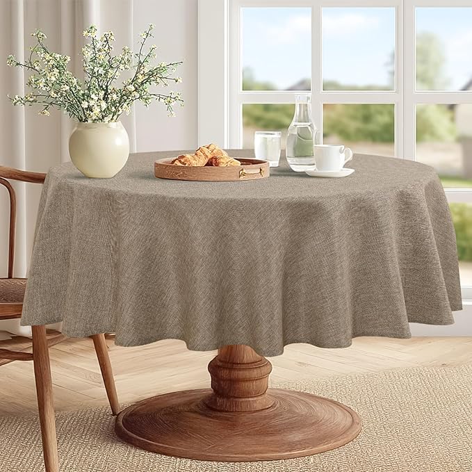 JIUZHEN Round Textured Table Cloth Linen Wrinkle Free Stain Resistant Farmhouse Decorative Circular Tablecloth for Kitchen, Dining, Party, Wedding, Outdoor Use (50 Inch Round,Khaki)