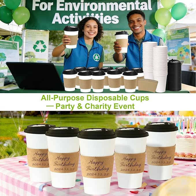 100 Pack 12 oz Disposable Coffee Cups with Lids and Sleeves, Leak-Proof To Go Coffee Cups, PLA White Paper Coffee Cups for Hot Beverage