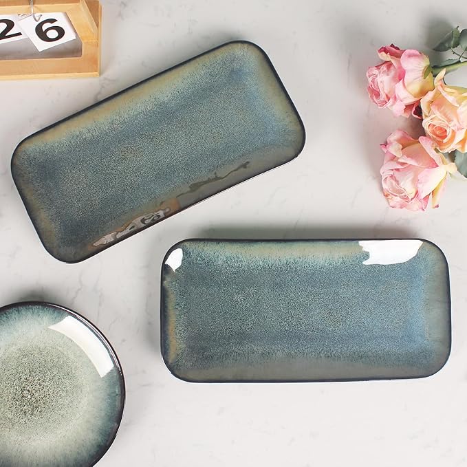 Serving Platters Set of 4, Rectangular Serving Plates, Serving Trays for Entertaining Party, Microwave,Oven,Dishwasher Safe,Kitchen Dinnerware, Blue reactive glaze 12.7 Inch