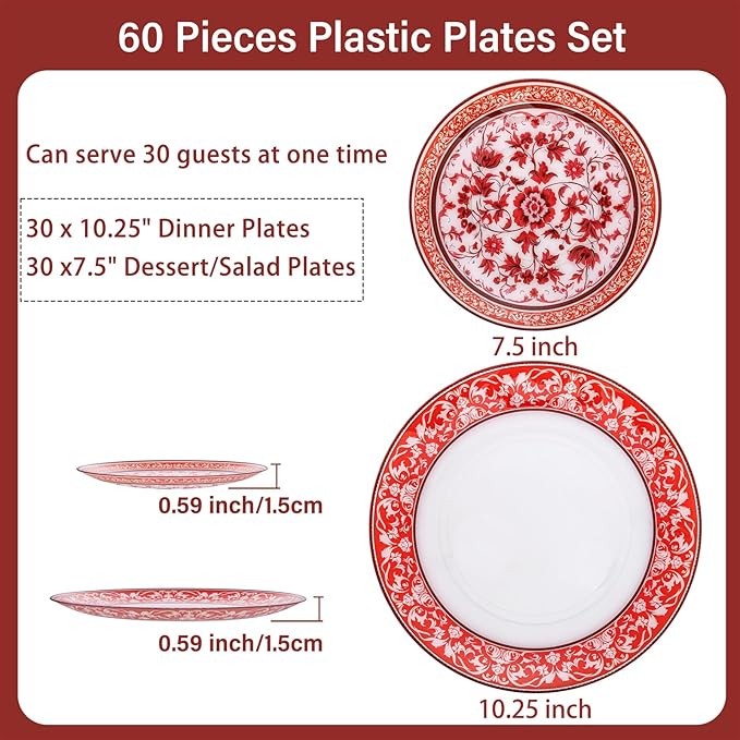 Hioasis 60pcs Red Plastic Plates Set - Floral Red & White Porcelain Design, 10.25" Dinner & 7.5" Dessert Plates Disposable for Christmas (Dishwasher Safe, Art Style)