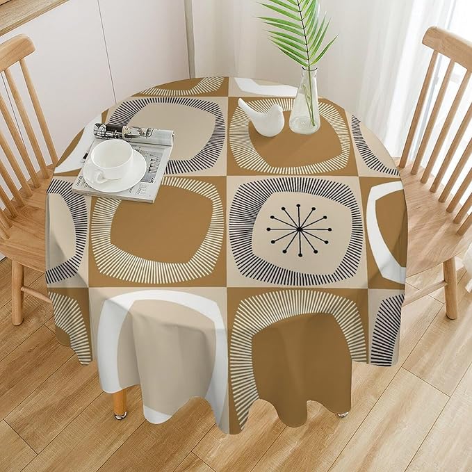 Mid Century Round Tablecloth, Retro Geometric Colorful Squares Abstract Boho Vintage 50s 60s Tablecloth for Home Party Dining Room Kitchen Decor 70Inch(178cm)