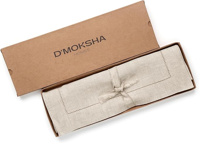 D'Moksha Homes Linen Light Natural Table Runner 36 Inches - 100% Pure Linen Small Table Runner 14 x 36 Inch Ideal for Dresser, Coffee Tables, Valentines, Spring, Easter - Classic Hemstitch