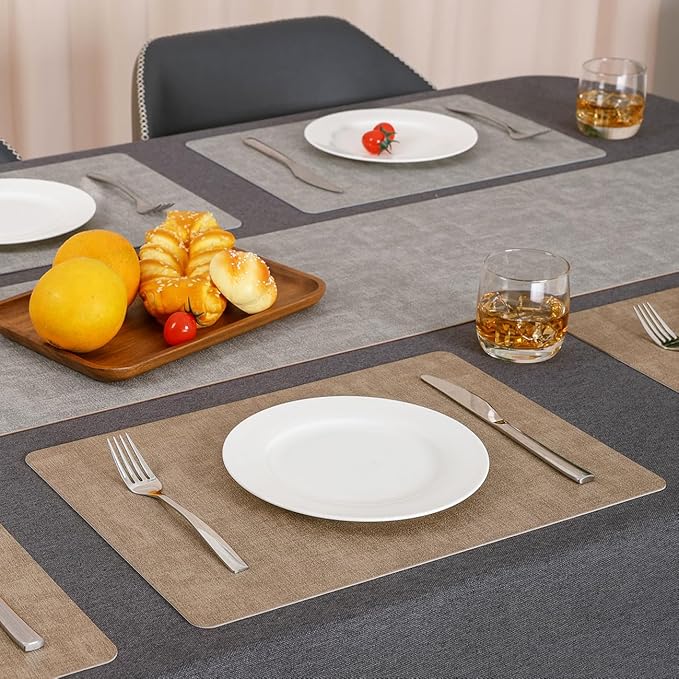 Myir JUN Reversible Vinyl Placemats Set of 6, Faux Leather Place Mats Dual Sided Waterproof Oilproof Wipeable, Heat-Resistant Table Mats for Kitchen Dining Indoor Outdoor (12" x 17", Light Gray Beige)