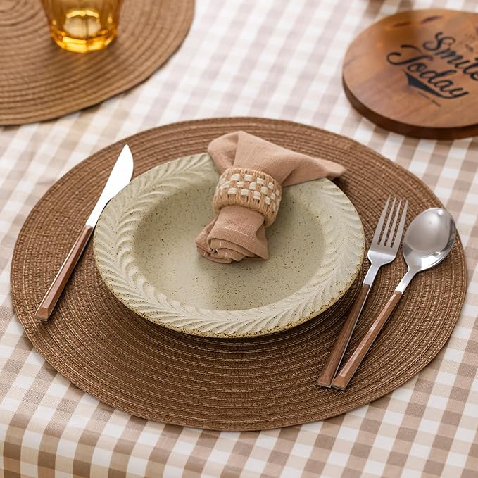 Round Placemats Set of 8 Woven Placemats Washable Braided Table Mats for Dining Table Heat Resistant Non-Slip Circle Place Mats(Brown)