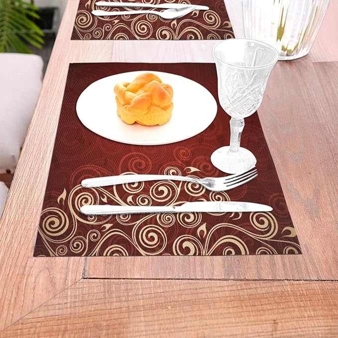 Burgundy Placemats Set of 6 Red Floral Swirls Ivy Image Ombre Details Wipeable Table Mats Flower Art Reusable Washable PVC Rectangle Place Mats for Kitchen Dining Home Decor 12x18 Inches