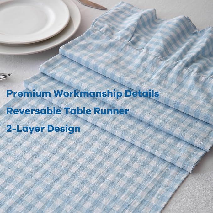Light Blue White Plaid Gingham Ruffle Table Runner 72 inches Long 100% Washed - Image 5
