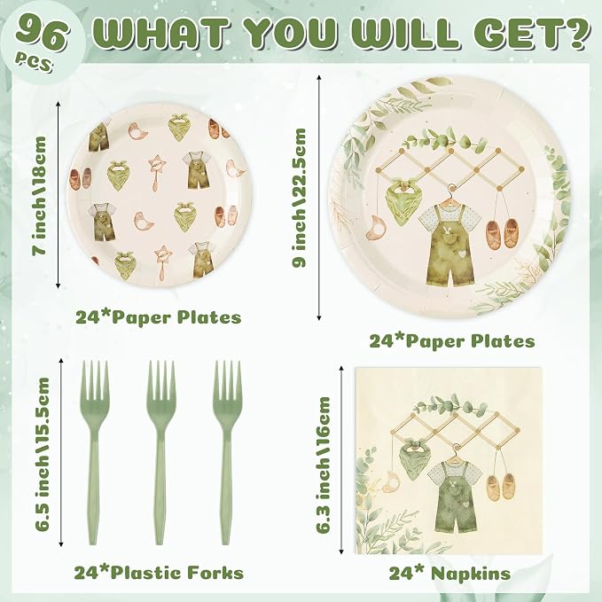 96Pcs Sage Green Eucalyptus Baby Shower Party Plates Supplies Greenery Leaves - Image 2