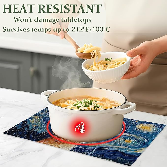 Cute Cat Cloth Placemats,Blue Starry Sky Heat-Resistant Table Placemats Set of 6, Washable Linen Place Mats for Dining Room Table Decor Home Restaurant Cafes Holiday Party 11.8x17.7 Inch