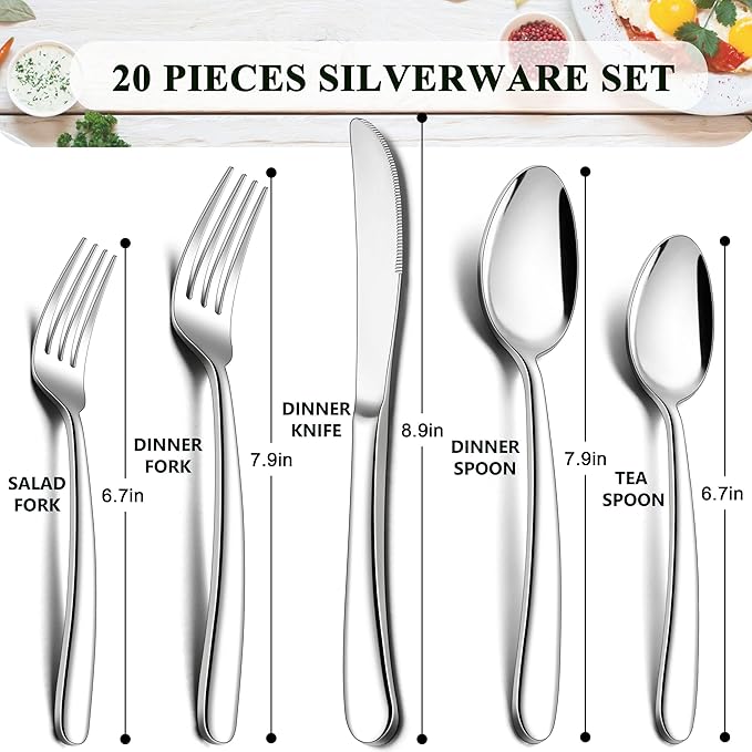 Herogo Heavy Duty Stainless Steel Silverware Set, 20-Piece Fancy Flatware Cutlery Set for 4, Modern Tableware for Home Restaurant Wedding, Heavy Eating Utensils, Mirror Polished, Dishwasher Safe