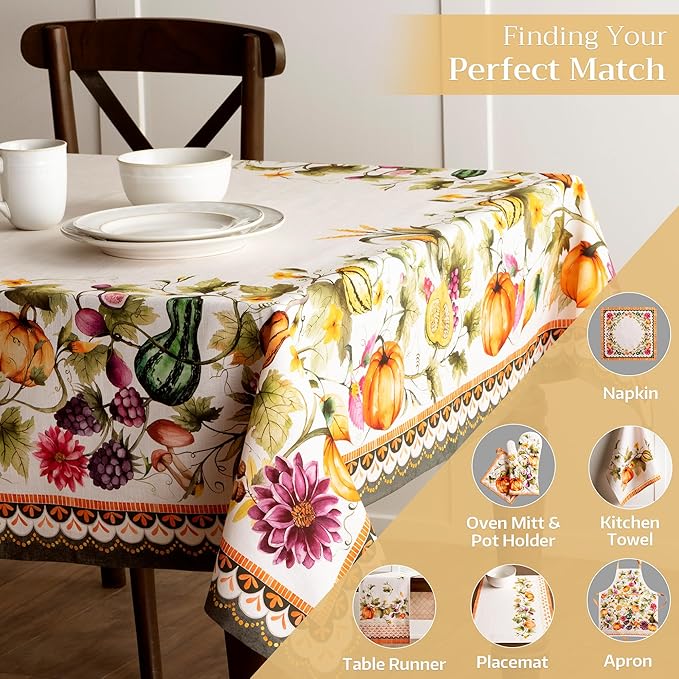Maison d' Hermine Table Cloth Square Table 100% Cotton 60 x 60 Inches Fall Tablecloth Reusable Everyday Use for Thanksgiving Christmas Decorations Dining Farmhouse (Pumpkin Garden - Cloudy Cream)