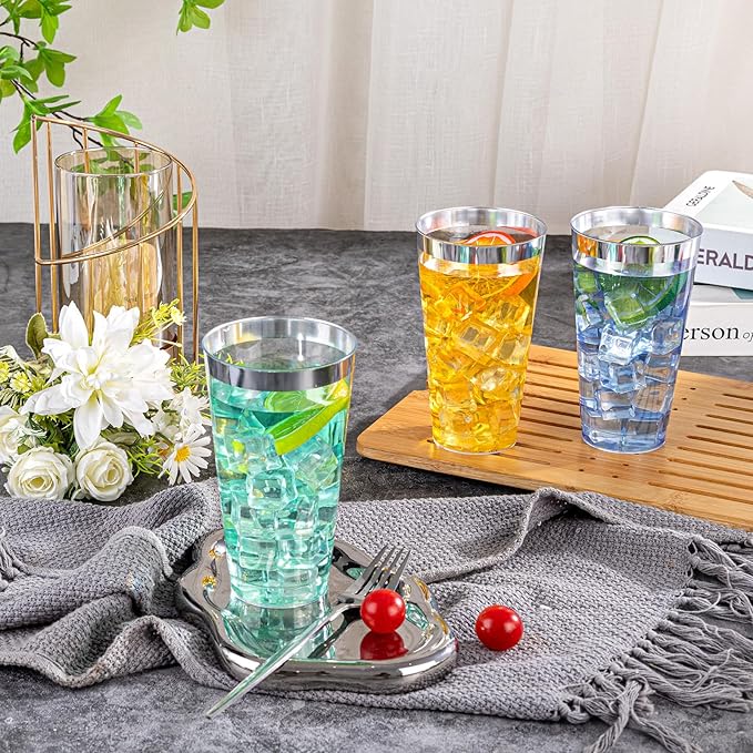 I00000 16 oz Silver Plastic Cups, 50 Pack Clear Plastic Cups,Silver Rimmed Disposable Cup, Heavy-duty Disposable Tumblers Perfect for Party, Holiday, Wedding & Birthday