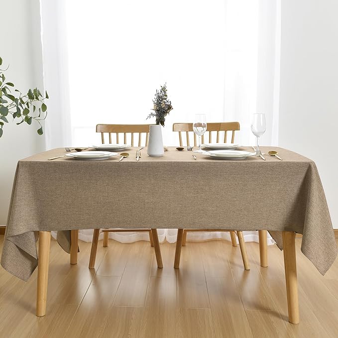 JIUZHEN Rectangle Table Cloth Faux Linen Farmhouse Tablecloth Wrinkle and Stain Resistant Decorative Fabric Table Cover for Kitchen, Dining Room, Parties and Camping, Khaki, 54 x 80 Inch