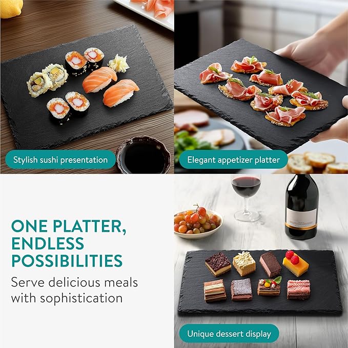 Navaris Slate Plates - Food Contact Safe Black Stone Plates - Charcuterie Boards Serving Plate - Stone Slate Slab Platter Cheese Board - Set of 4-15 x 11 (38 x 28 cm)