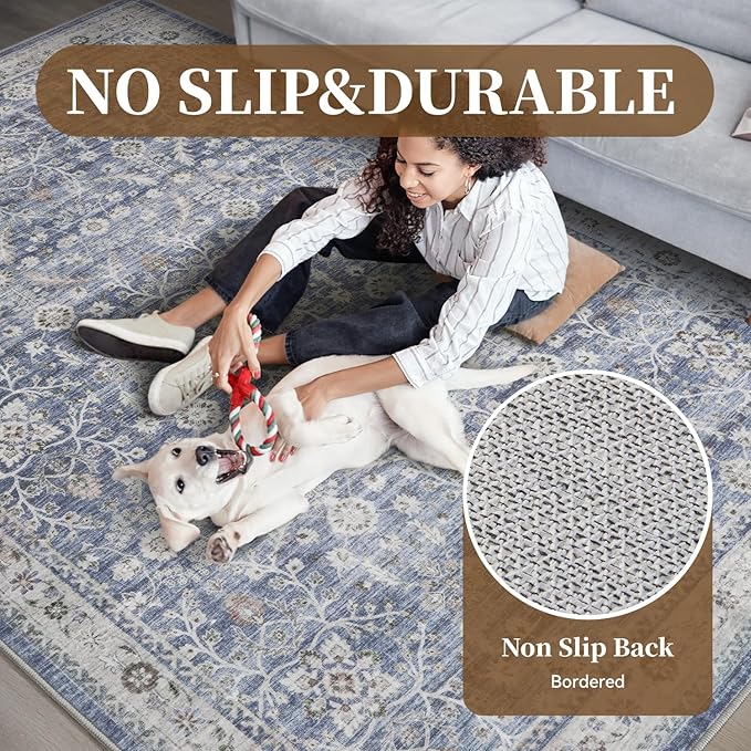 MontVoo-Vintage Area Rugs 8X10 Blue Rugs for Living Room-Soft Distressed Printed Rugs for Bedroom-Non Slip Carpet-Machine Washable Rug for Dining Room Living Room Bedside Office